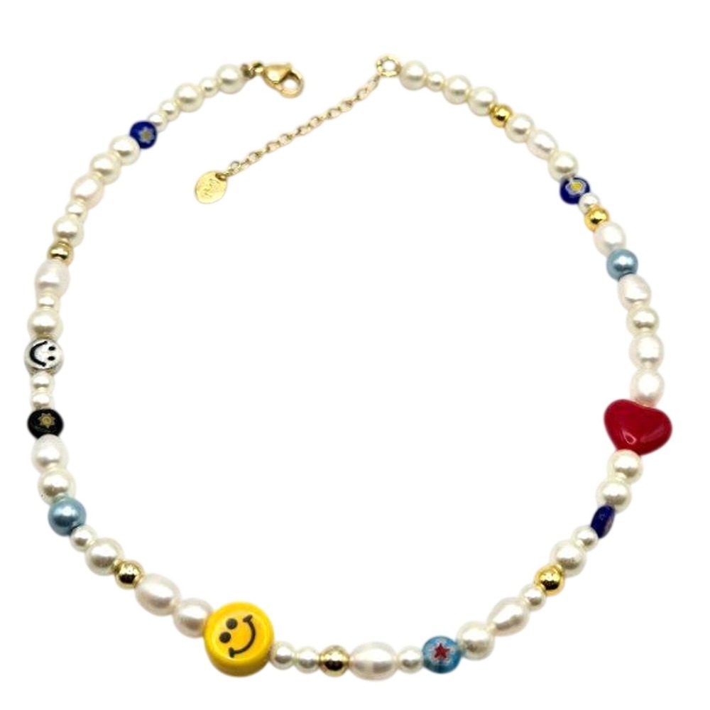 "Fun Flirt" Summertime Genuine Freshwater Pearl Smile Millefiori Beaded Necklace